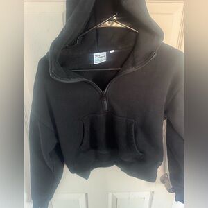 Aritzia Tna Cozy Fleece Boyfriend Boxy Quarter Zip Cropped Hoodie Black Sz XXS